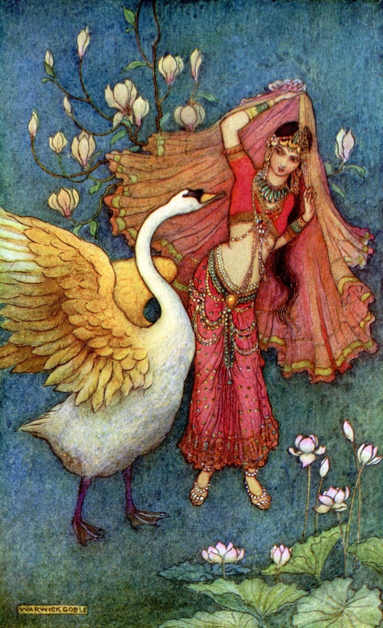 A princesa Dayamanti e o cisne mensageiro de Warwick Goble