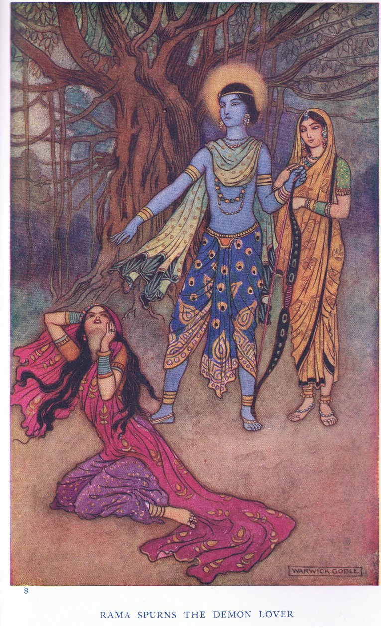Rama estimula o amante de demónios (cor litho) de Warwick Goble