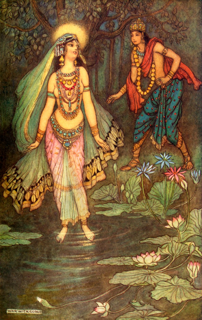 "Shantanu Meets the Goddess Ganga", 1913. de Warwick Goble