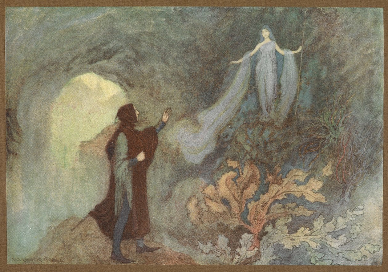 A Fada a aparecer ao Príncipe na Gruta, de Cenerentola. de Warwick Goble