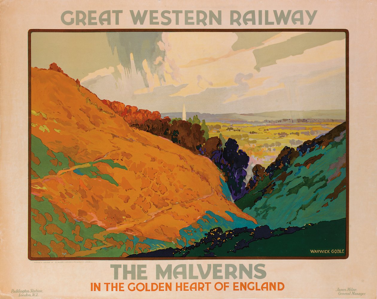 &39;The Malverns&39;, pôster anunciando a Great Western Railway de Warwick Goble