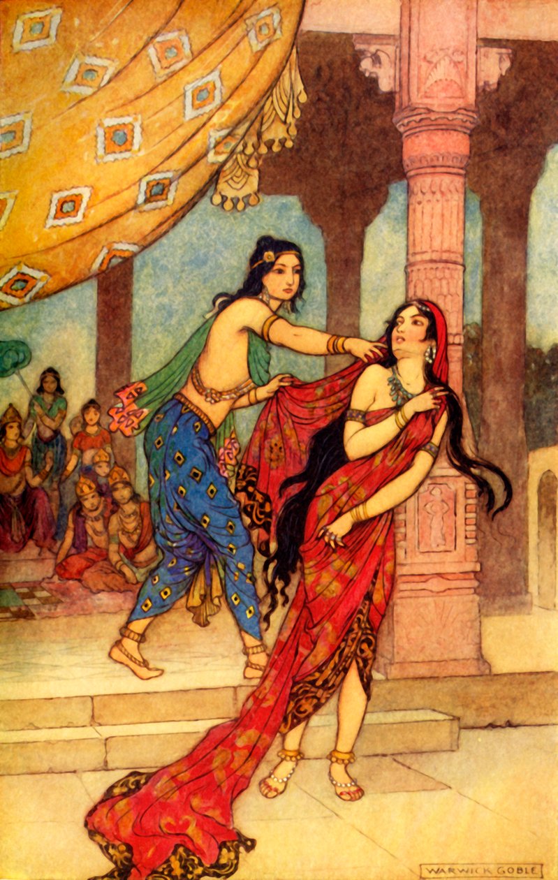 "O Calvário da Rainha Draupadi", 1913. de Warwick Goble