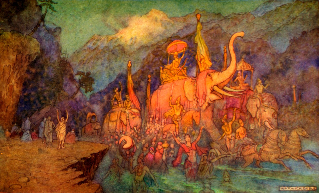"O Regresso dos Heróis Escravos em Batalha", 1913. de Warwick Goble