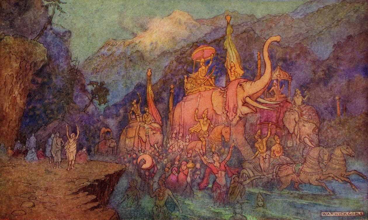 O retorno dos heróis mortos na batalha de dezoito dias, ilustração de "Indian mito e lenda" por Donald A. Mackenzie, publicado em 1913 de Warwick Goble