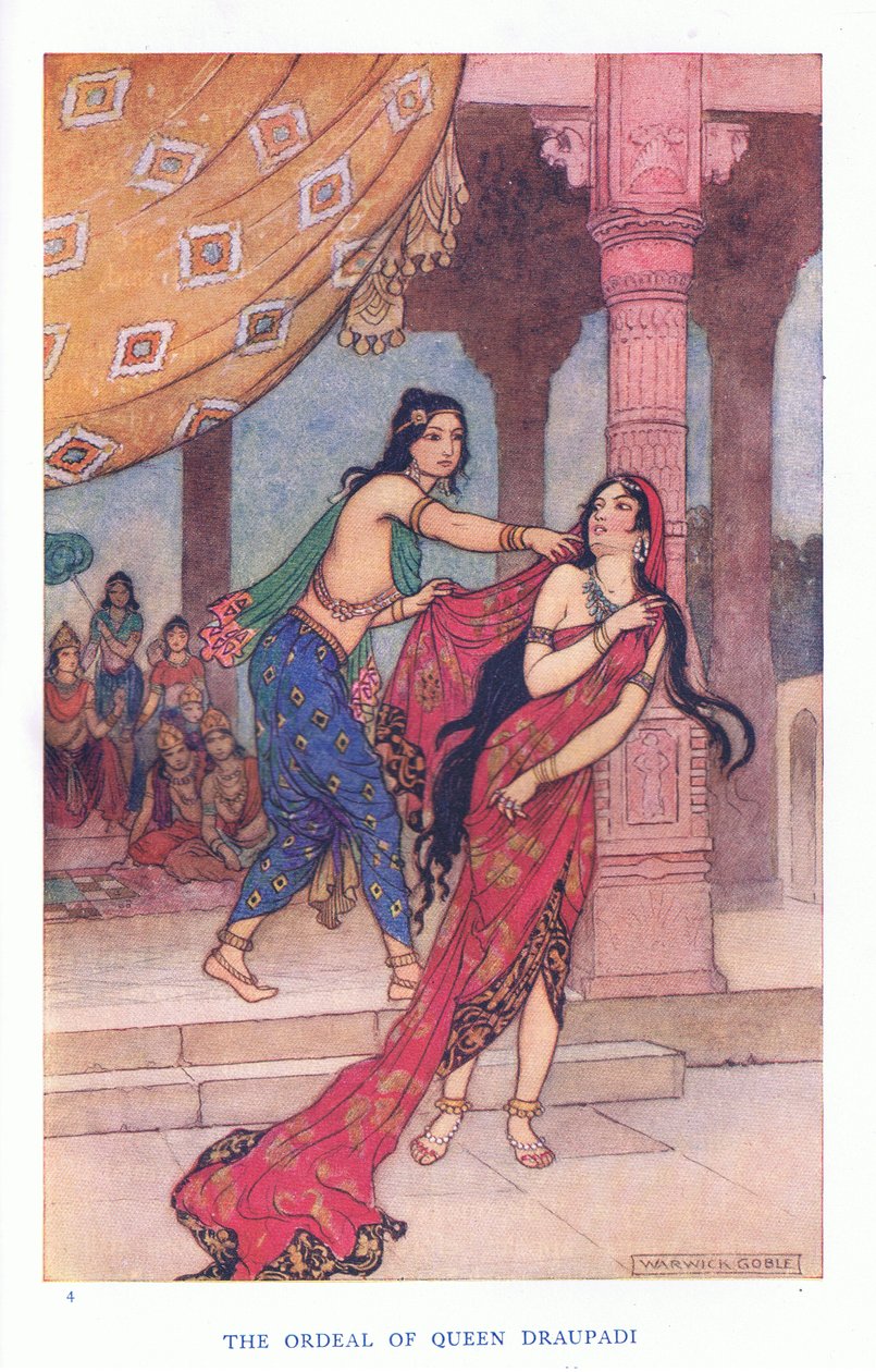 O calvário da Rainha Draupad (cor litho) de Warwick Goble