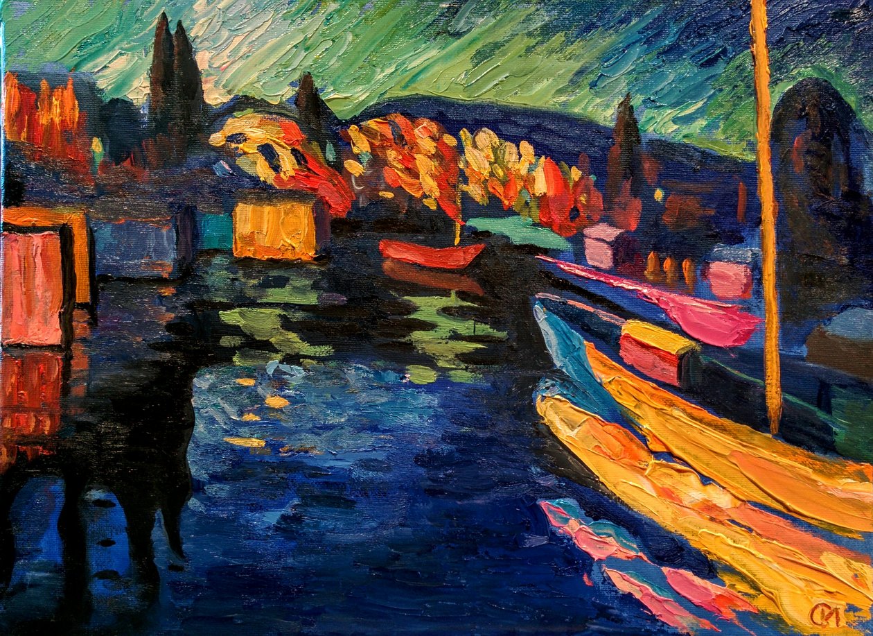 V. Kandinsky. Paisagem de outono com barcos de Wassily Kandinsky