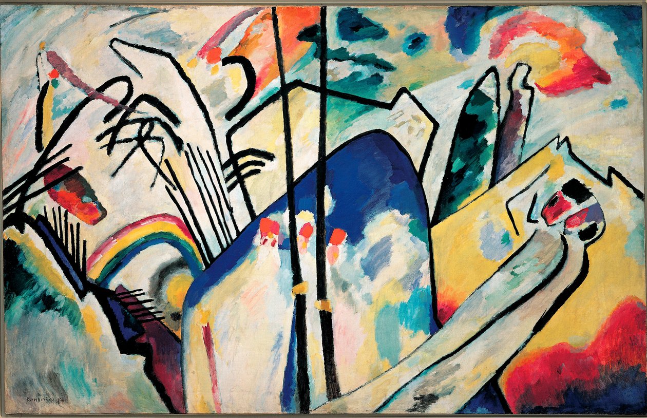 Composição IV Pintura de Vassily Kandinsky (ou Wassily Kandinski ou Kandinskij, 1866-1944) 1911 Dim. 160x250 cm Dusserdolf, Kunstsammlung Nordhein-Westfalen de Wassily Kandinsky