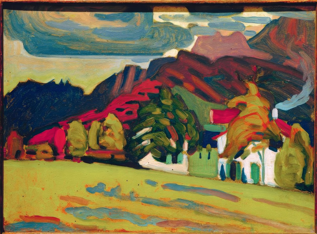 Grupo de casas na frente das montanhas de Wassily Kandinsky