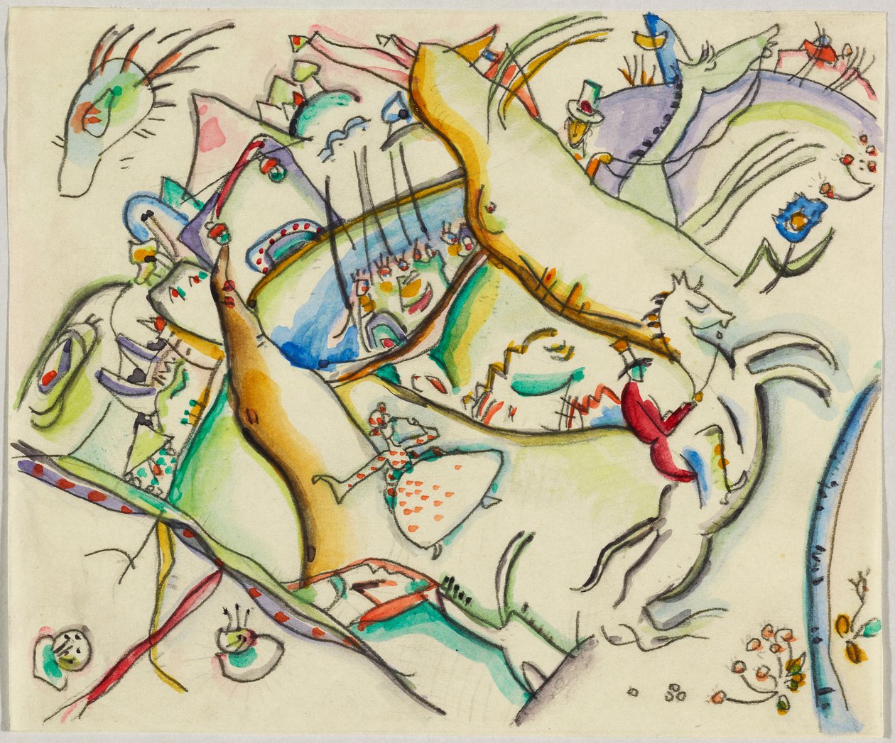 Aguarela para Gravura III; Paisagem com cavaleiros de Wassily Kandinsky