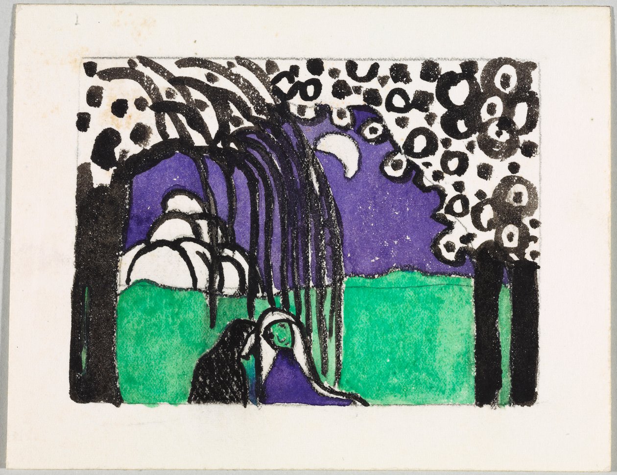 Esboço para a xilogravura a cores «Duas mulheres numa paisagem lunar» de Wassily Kandinsky