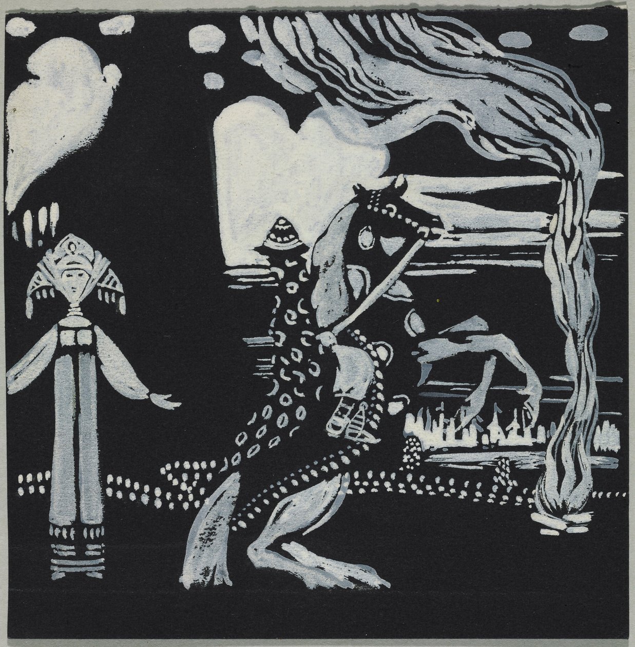 Chama, dama e cavaleiro em traje fantástico de Wassily Kandinsky