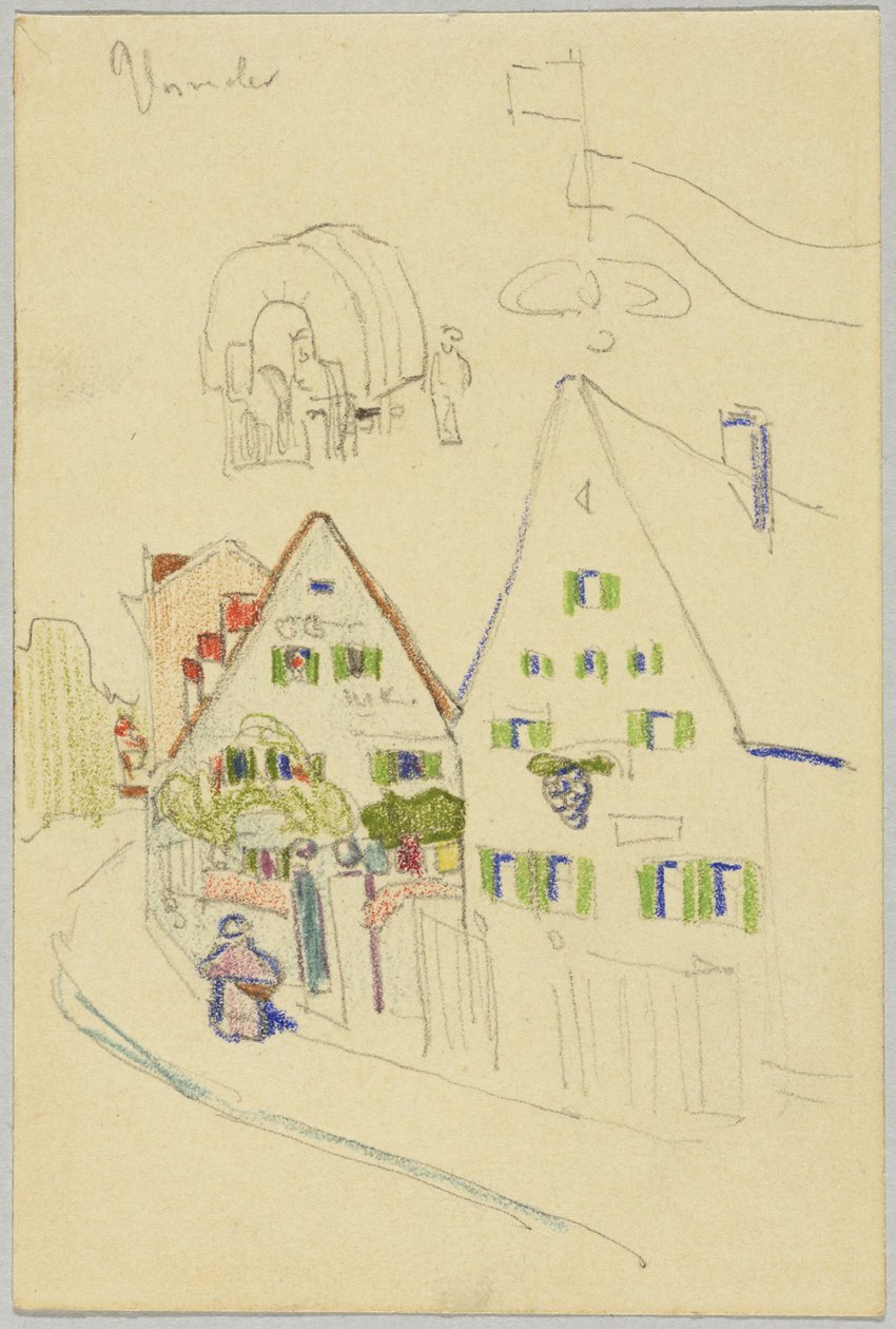 Pista com casas de telhado de palha e carroças cobertas, verso: vista de uma aldeia com uma igreja com torre de cebola. de Wassily Kandinsky