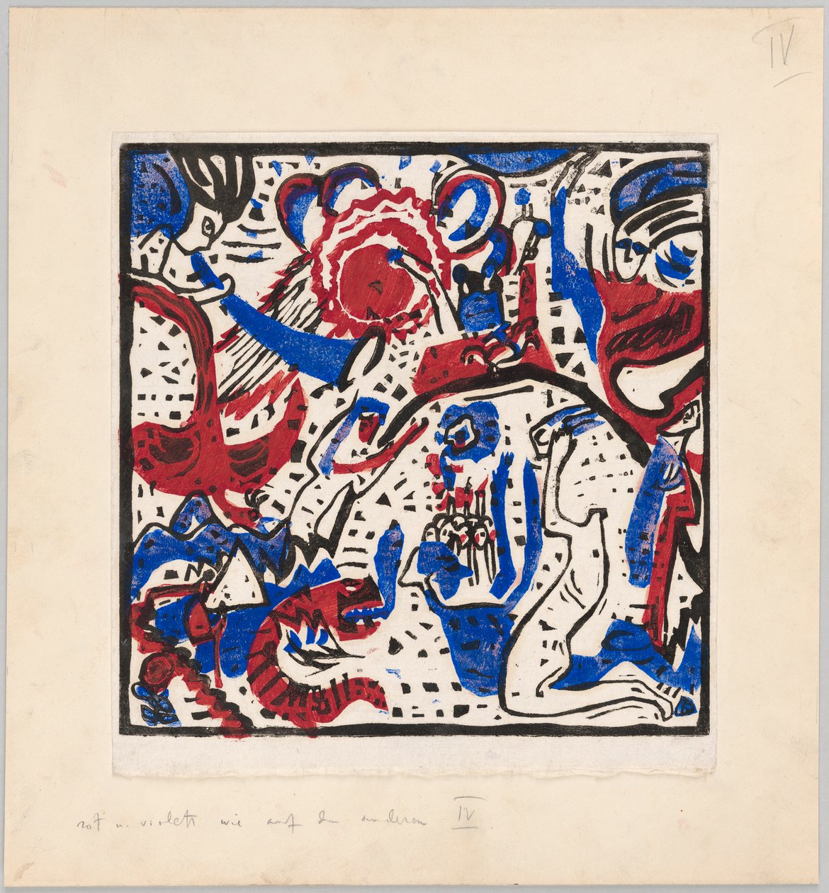 Holzschnitt nach dem Hinterglasbild "Große Auferstehung" (Probedruck mit Anweisungen für Kandinskys Buch "Klänge" (1912), S. 97) de Wassily Kandinsky