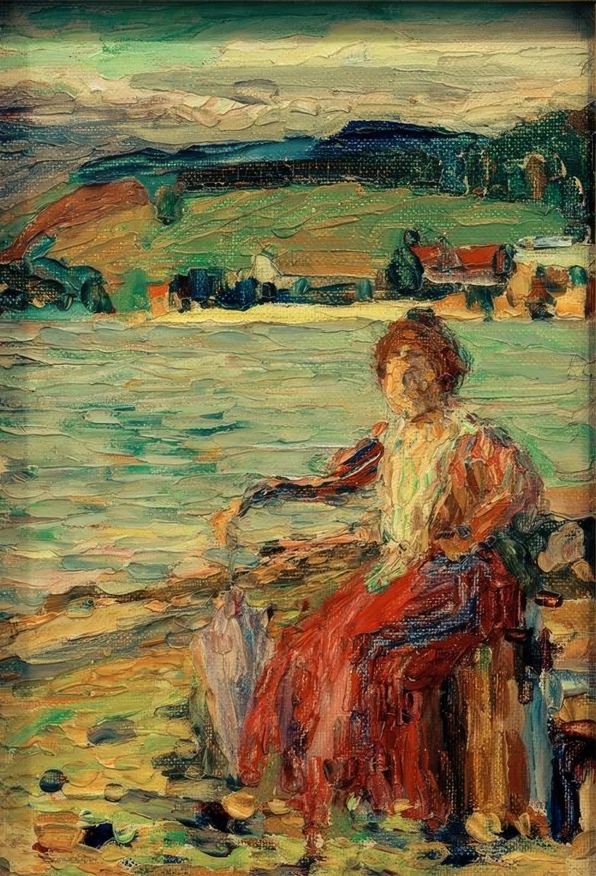 No vestido vermelho na margem do lago de Wassily Kandinsky
