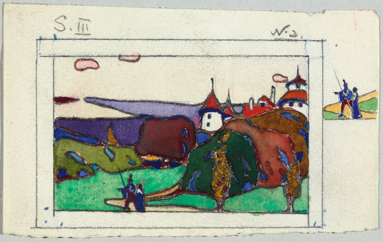 Paisagem com um casal em trajes medievais; no verso: fragmento de um cavaleiro com armadura de Wassily Kandinsky