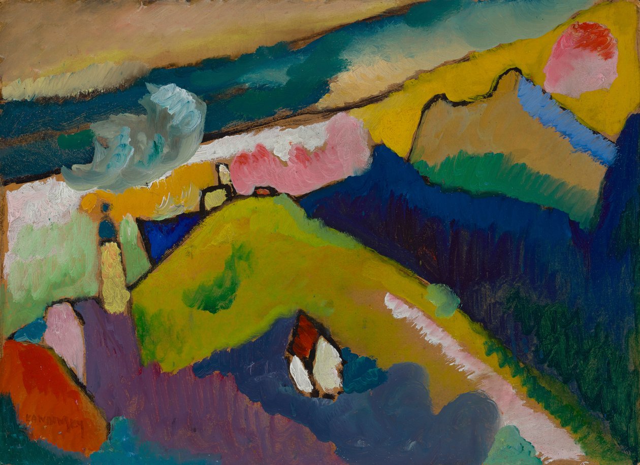 Murnau - Paisagem montanhosa com igreja de Wassily Kandinsky