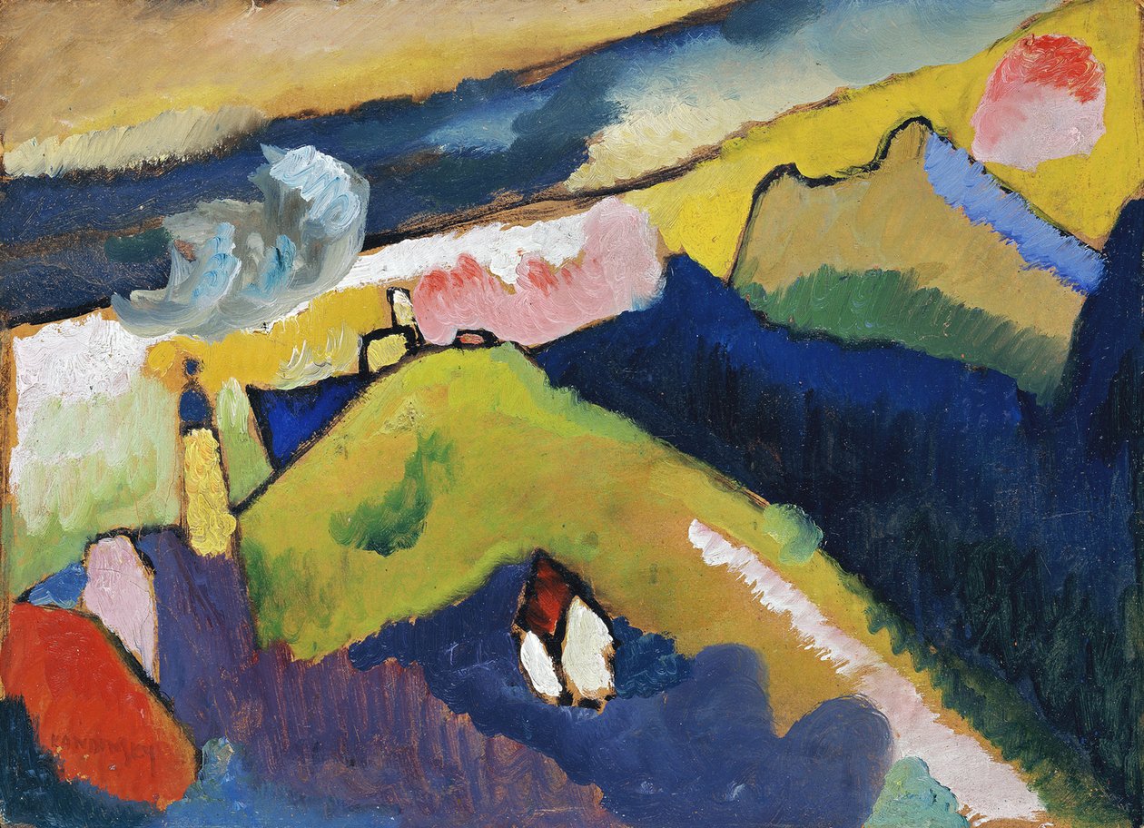 ""Murnau, paisagem montanhosa com a igreja"" Pintura de Wassily Kandinsky (ou Wassily Kandinski ou Kandinskij de Wassily Kandinsky