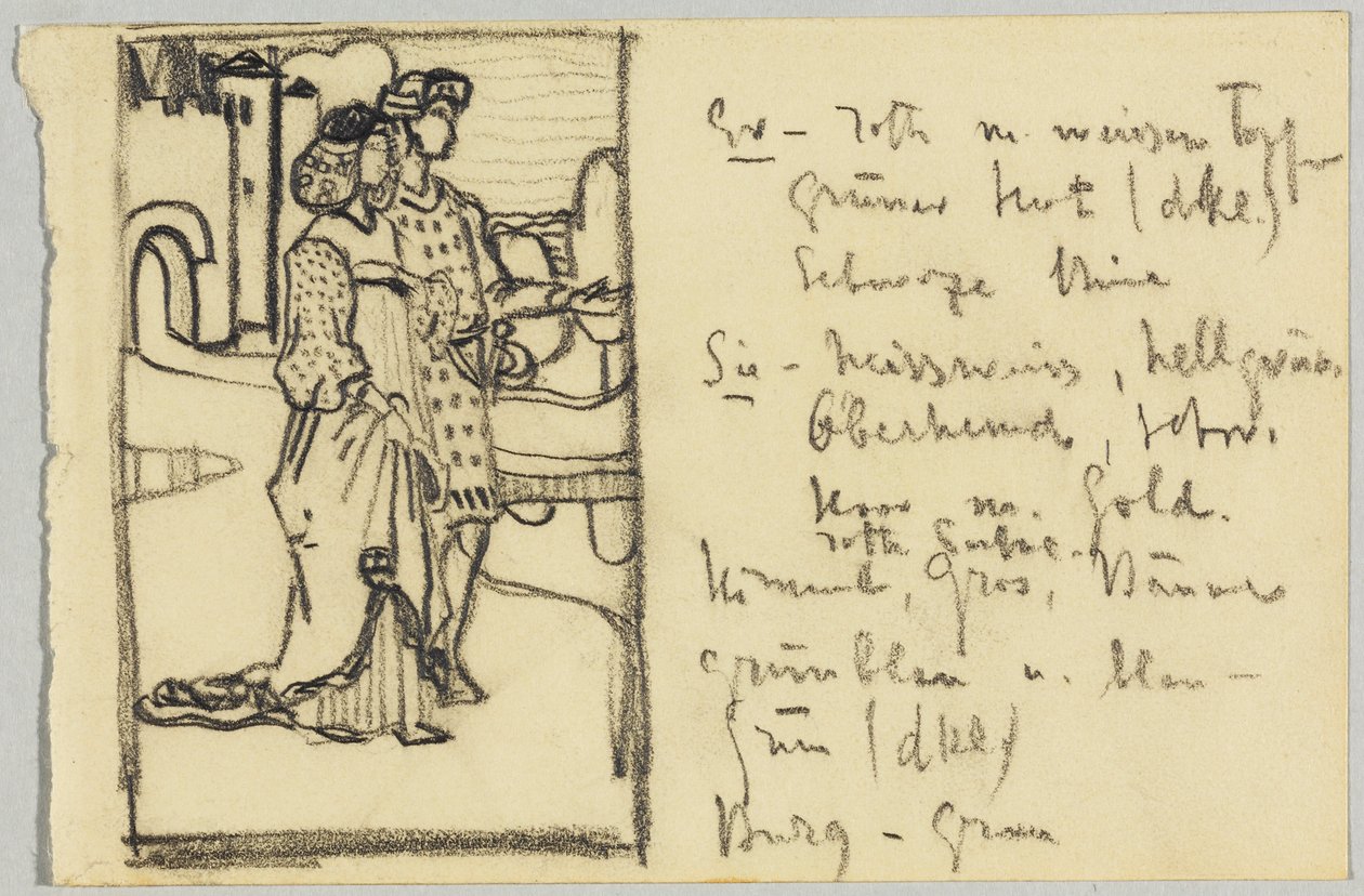 Casal em traje medieval em frente ao castelo de Wassily Kandinsky