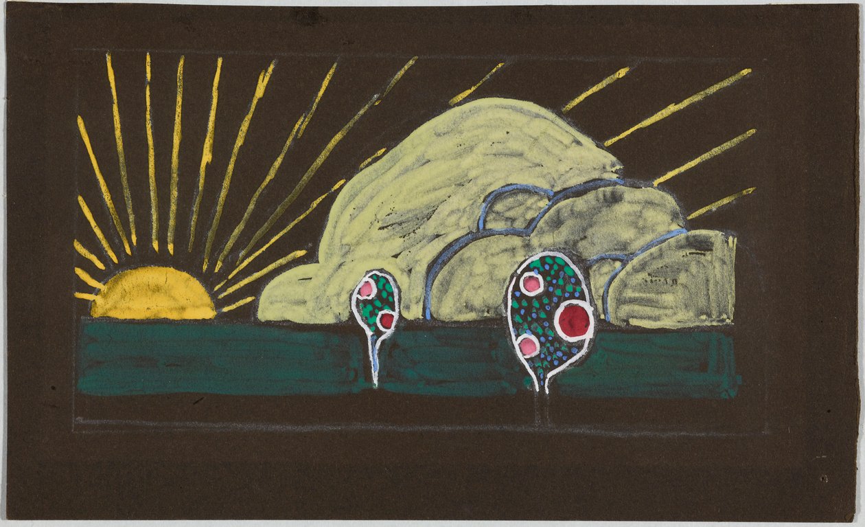 Desenho para bordado com sol e pequena macieira de Wassily Kandinsky