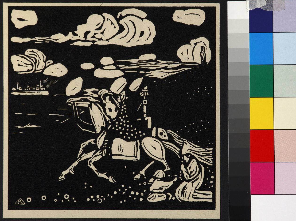 Os Cavaleiros (Les Chevaliers), de Kandinsky, Wassily Vasilyevich (1866-1944). Corte de madeira de Wassily Kandinsky