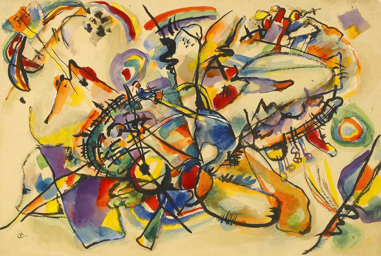 Untitled par Kandinsky, Wassily Vasilyevich (1866-1944). Aquarela e tinta sobre papel, tamanho : 22,9x34, c. 1916, Coleção Particular de Wassily Kandinsky