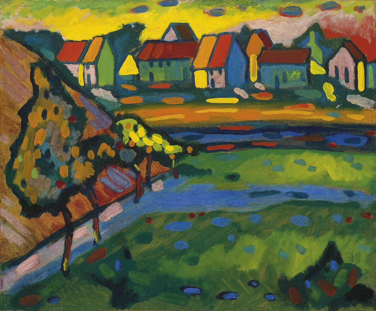 "Village bavarois avec champs" (aldeia bávara com um campo) Peinture de Vassily Kandinsky (ou Wassily Kandinski ou Kandinskij de Wassily Kandinsky