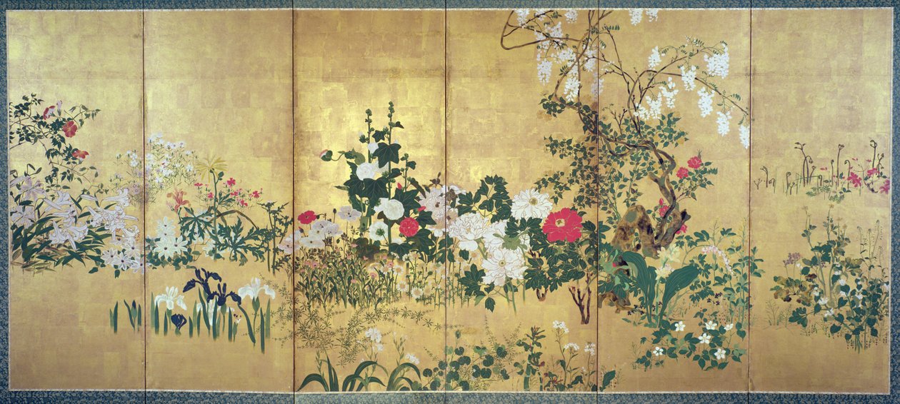 Flores das Quatro Estações (tinta & wc em papel folheado a ouro) de Watanabe Shiko