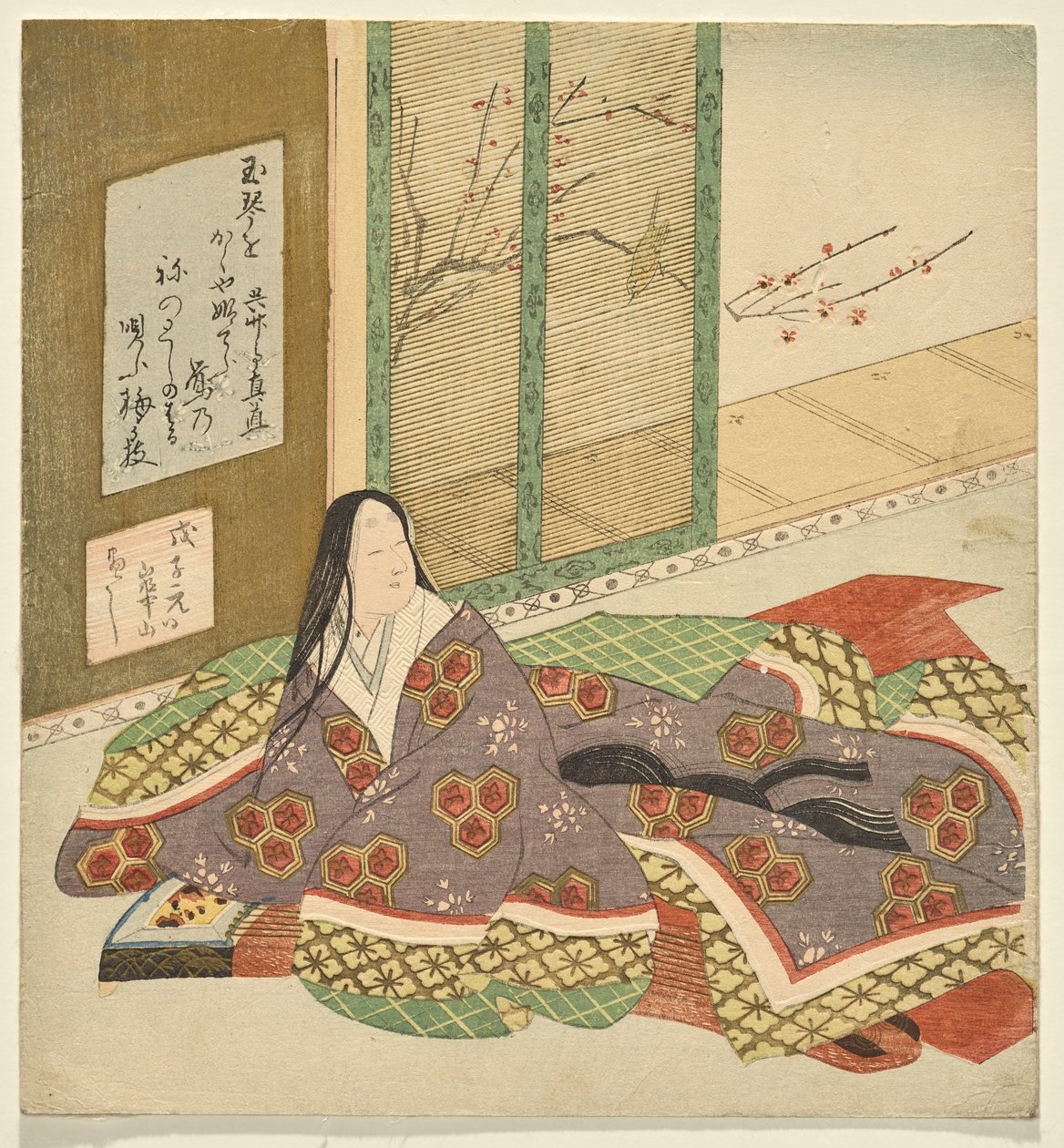 Uma senhora da corte sentada em um koto, olhando para um jardim de Watanabe Kazan