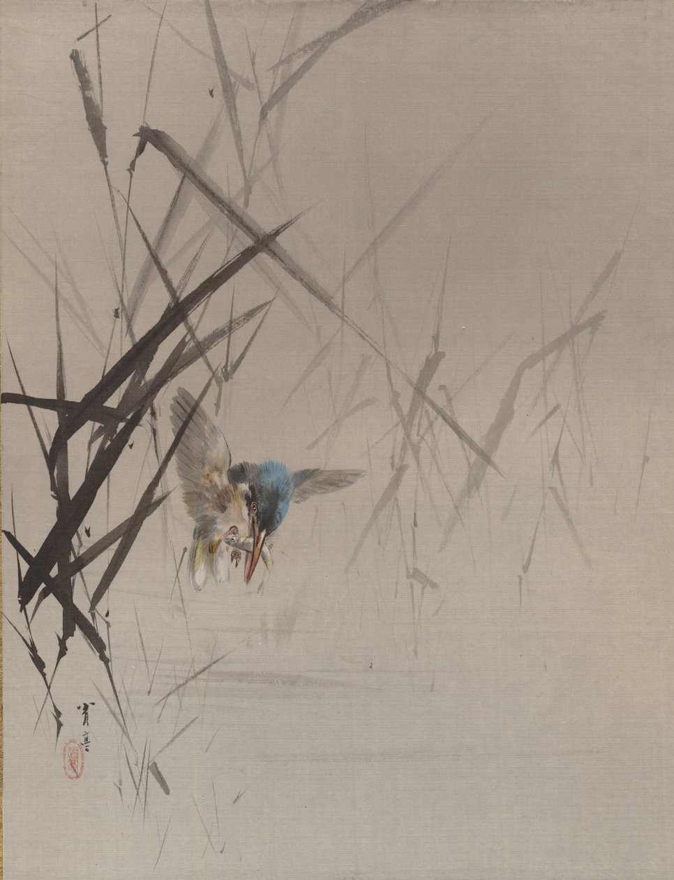 Peixe que apanha peixes entre juncos, ca. 1887 de Watanabe Seitei