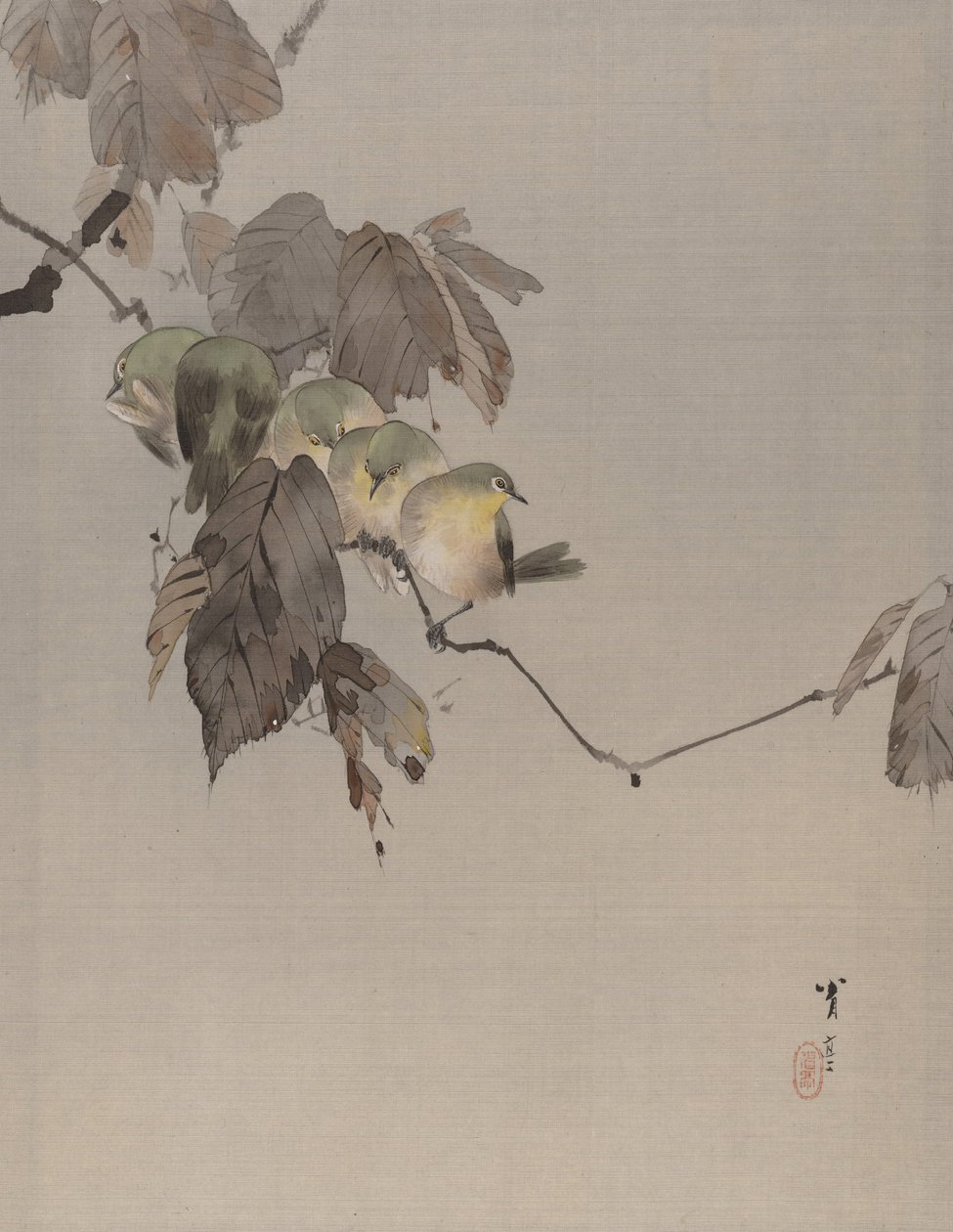 Pássaros em um galho, ca. 1887 de Watanabe Seitei