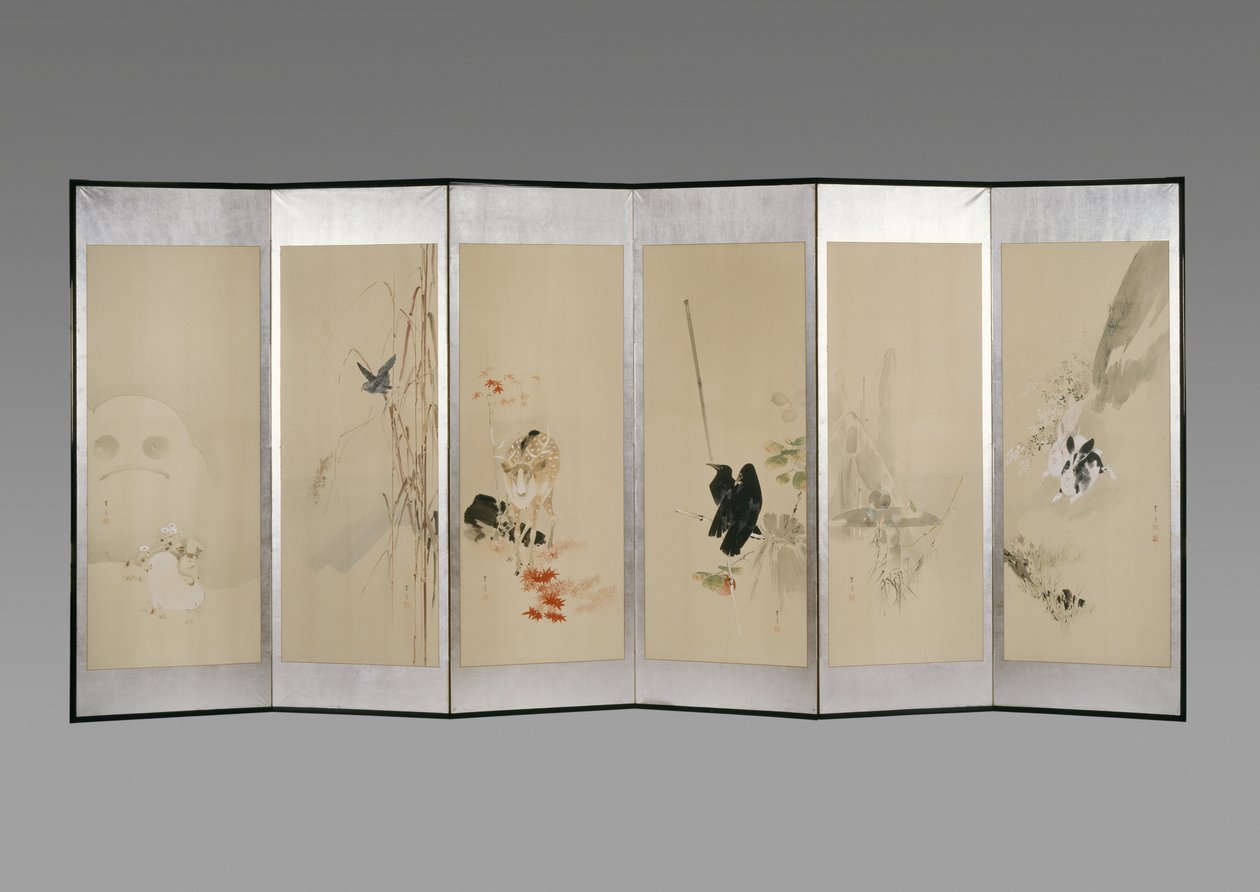 Tela dobrável: Flores dos Doze Meses, c.1900 (tinta e cor no papel) de Watanabe Seitei