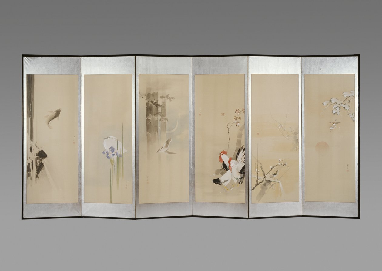 Par de telas dobráveis: Flores dos Doze Meses, c.1900 (tinta e cor no papel) de Watanabe Seitei