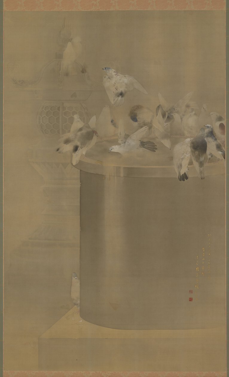 Pombos em Senjoji (Templo de Asakusa Kannon) Era Meiji, 1877 (tinta e cor em seda) de Watanabe Seitei