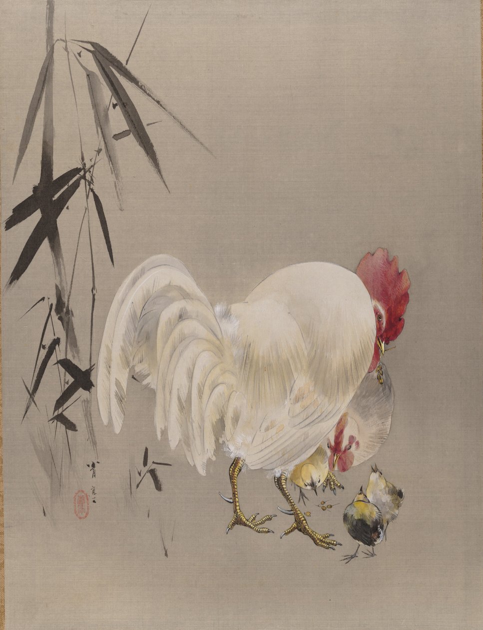 Galo e galinha com pintinhos, ca. 1887 de Watanabe Seitei