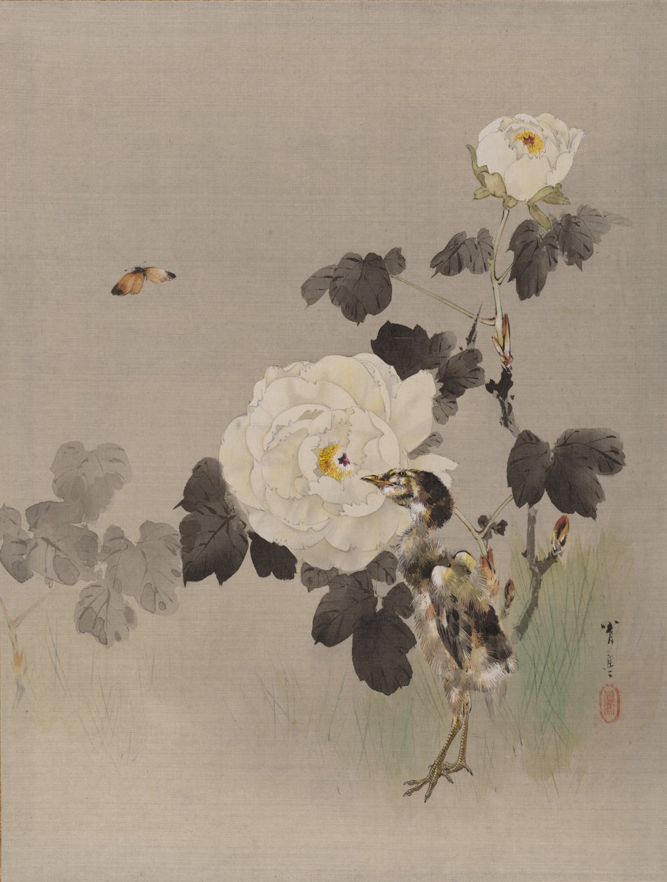 Rosas, pássaro jovem e uma borboleta, ca. 1887 de Watanabe Seitei