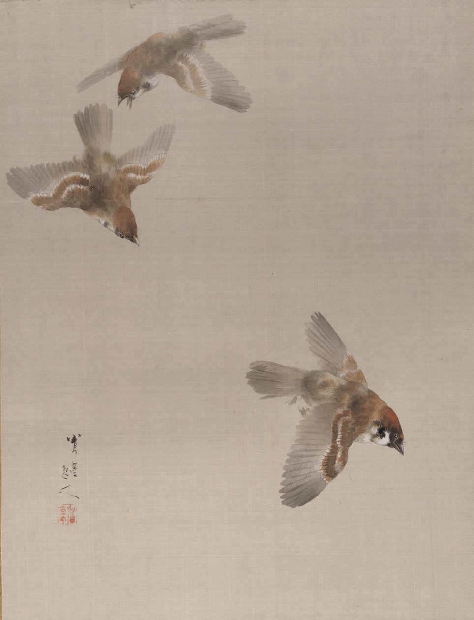 Sparrows Flying, ca. 1887. de Watanabe Seitei
