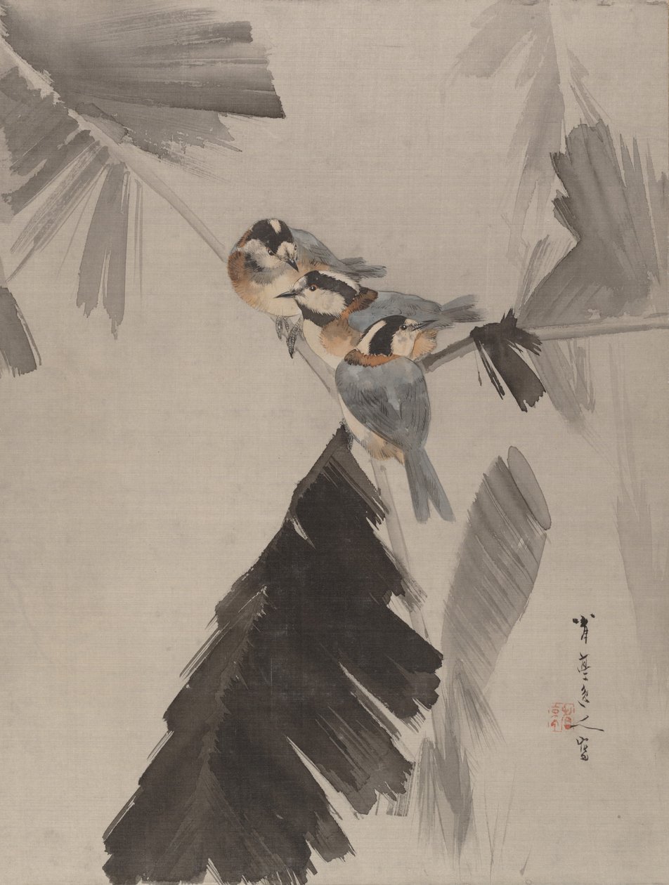 Três pássaros no galho, ca. 1887 de Watanabe Seitei
