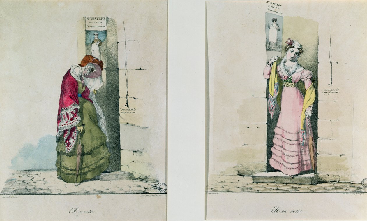 Uma mulher entrando e saindo de uma clínica de aborto, gravada por Godefroy Engelmann (1788-1839) de Wattier