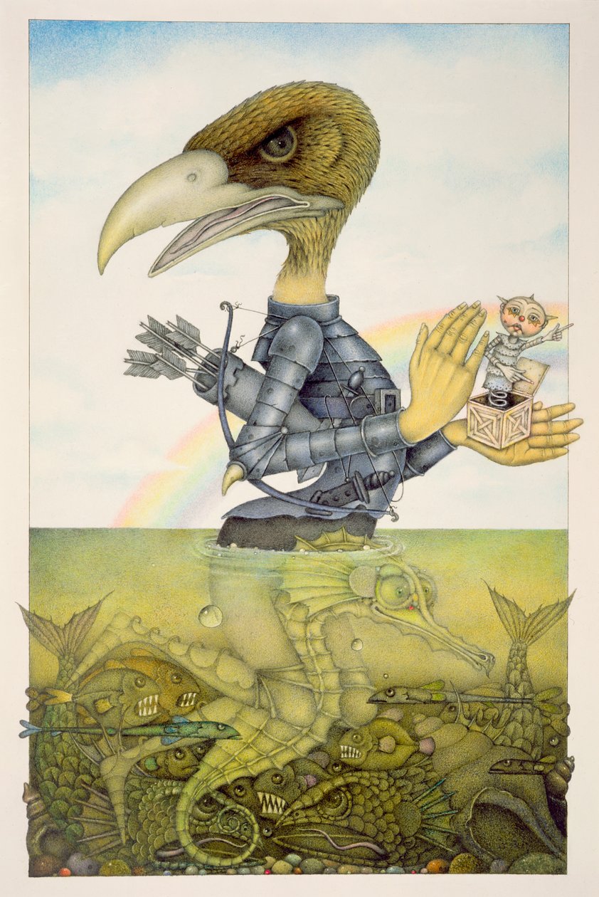 Pássaro de armadura sobre cavalo marinho (lápis e lápis de cor sobre papel) (par de 150071) de Wayne Anderson