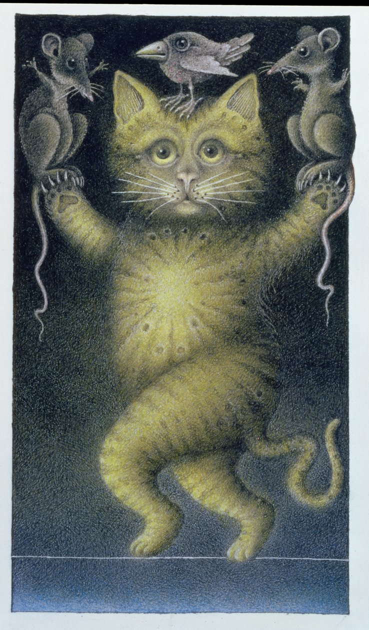Gato na corda bamba, equilibrando-se com pássaro e ratos (lápis e lápis de cor sobre papel) de Wayne Anderson