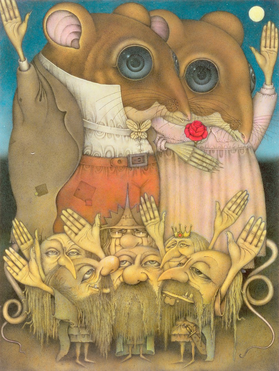 Casal de ratos e anões a acenar (lápis e lápis de cor sobre papel) de Wayne Anderson