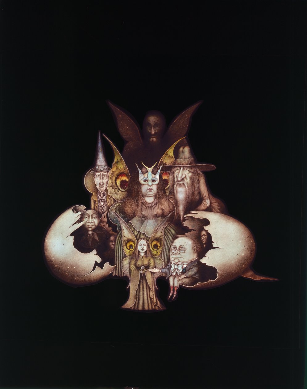 Personagens de outros mundos que emergem do ovo ou O nascimento do país das fadas (lápis e lápis de cor sobre papel) de Wayne Anderson