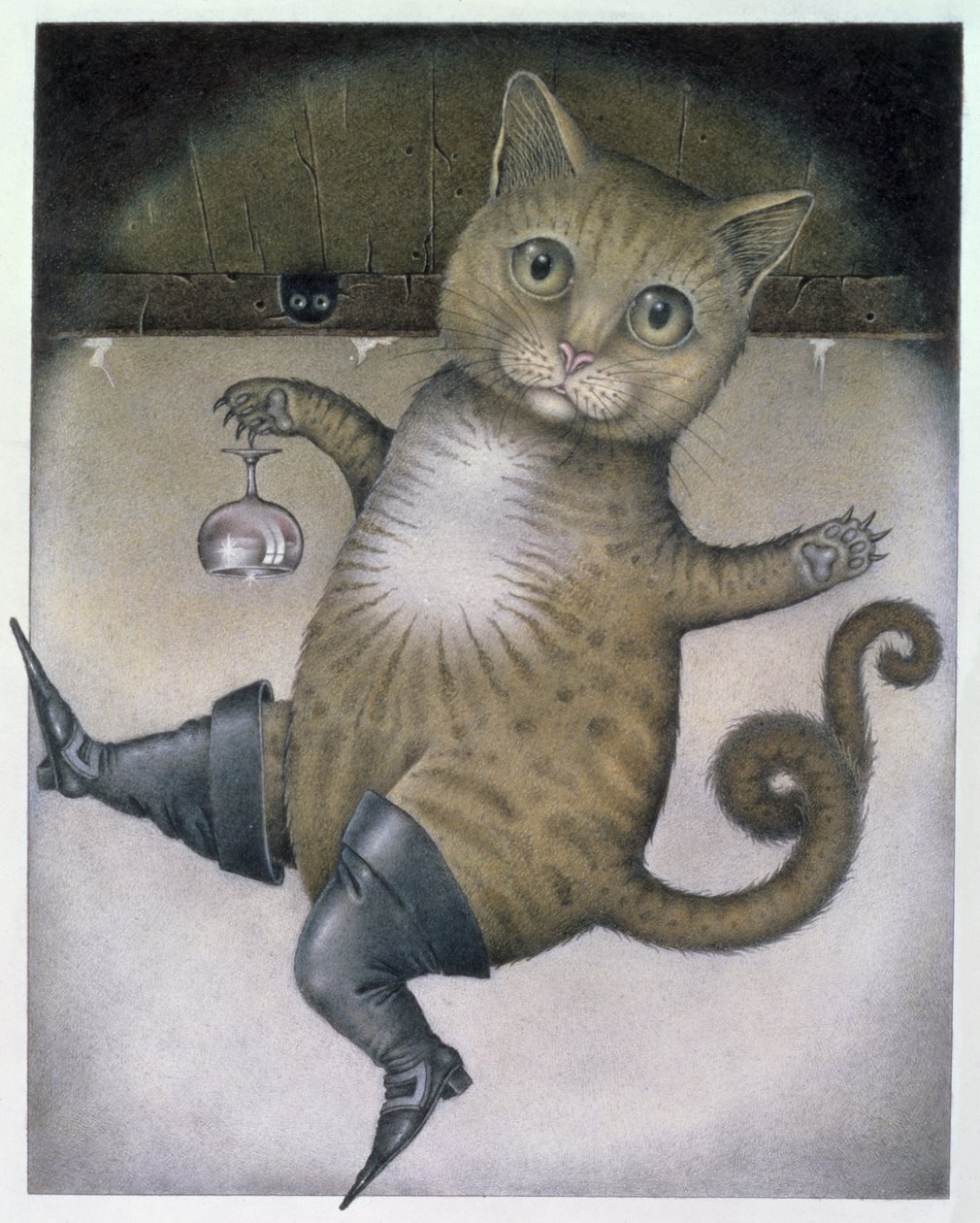 O Gato das Botas dá uma cambalhota (lápis e lápis de cor sobre papel) de Wayne Anderson