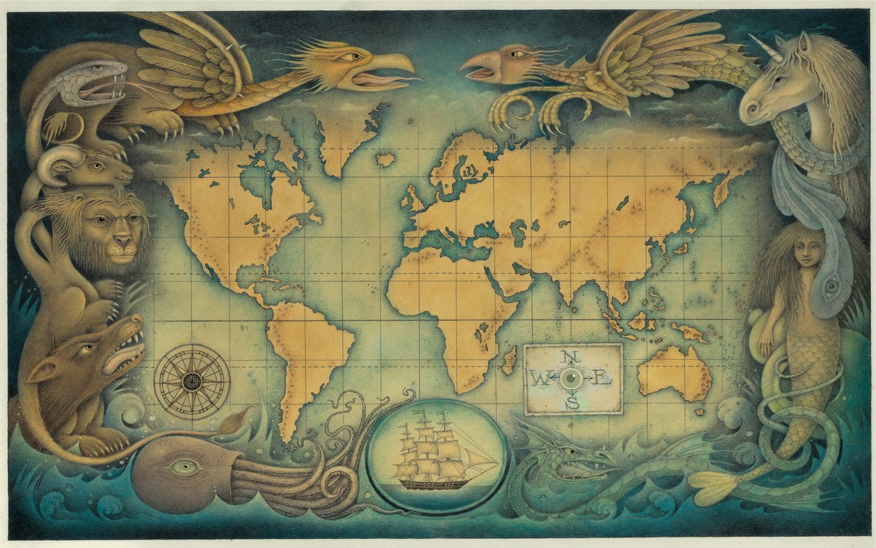 O mapa-mundo das criaturas fantásticas, 2008 (técnica mista sobre cartão) de Wayne Anderson