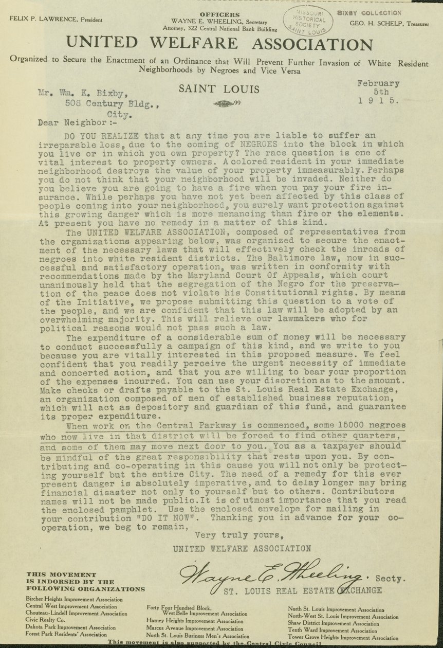 Carta de Wayne E. Wheeling, United Welfare Association, para Caro Vizinho, 5 de fevereiro de 1915 de Wayne E. Wheeling