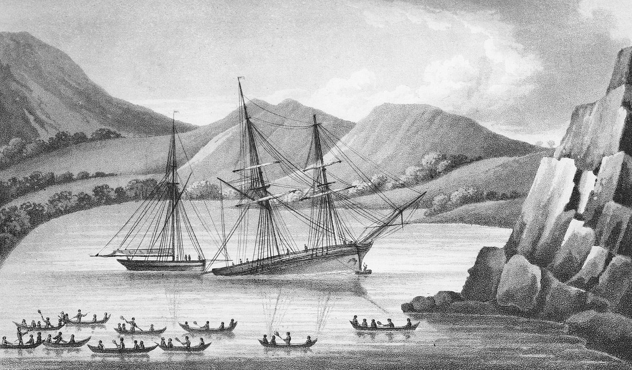 Brig Jane e Cutter Beaufoy passando por uma cadeia de Ice Islands, 1826 de Weddell