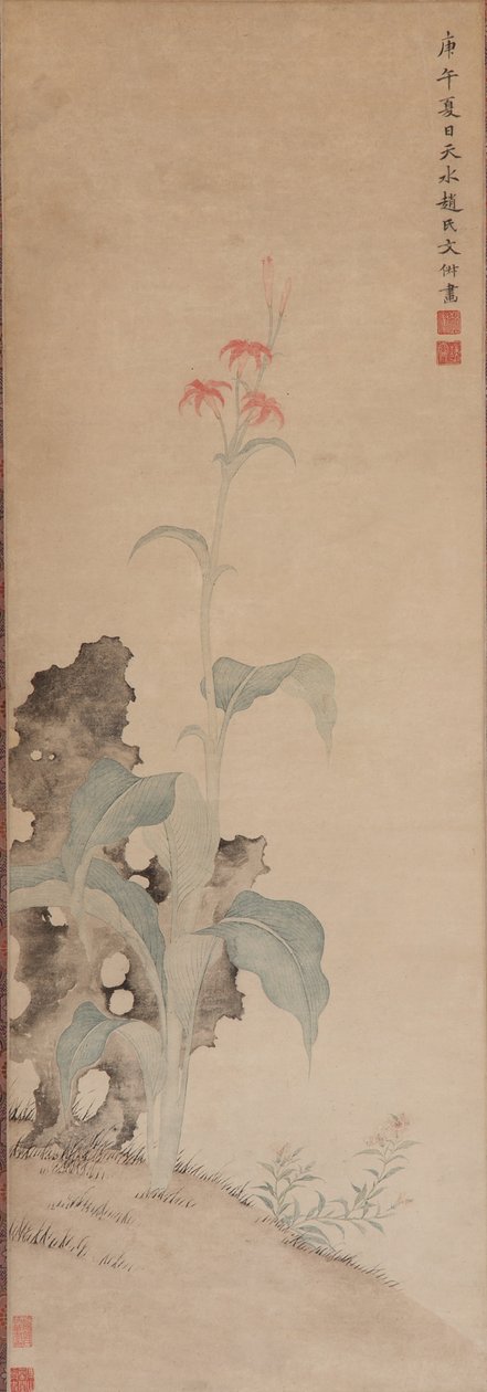 Tiger Lily e Garden Rock, dinastia Ming, 1630 (tinta e cor sobre papel) de Wen Shu