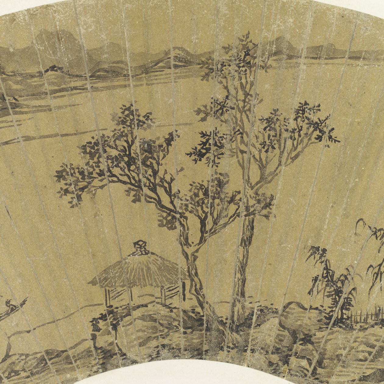 Detalhe, de, paisagem, com, lago, e, três, barcos, tinta, ligado, ouro, papel de Wen Zhengming