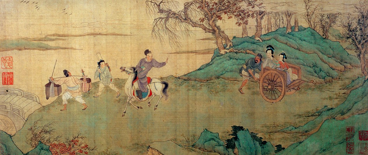 O estudante Chang se despedindo de sua amante Ying Ying no Pavilhão do Resto, detalhe de uma ilustração de "Xi Xiang Ji" de Wen Zhengming