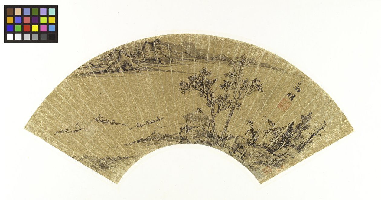 Paisagem com lago e três barcos, século XVI (tinta sobre papel dourado montada a bordo) de Wen Zhengming